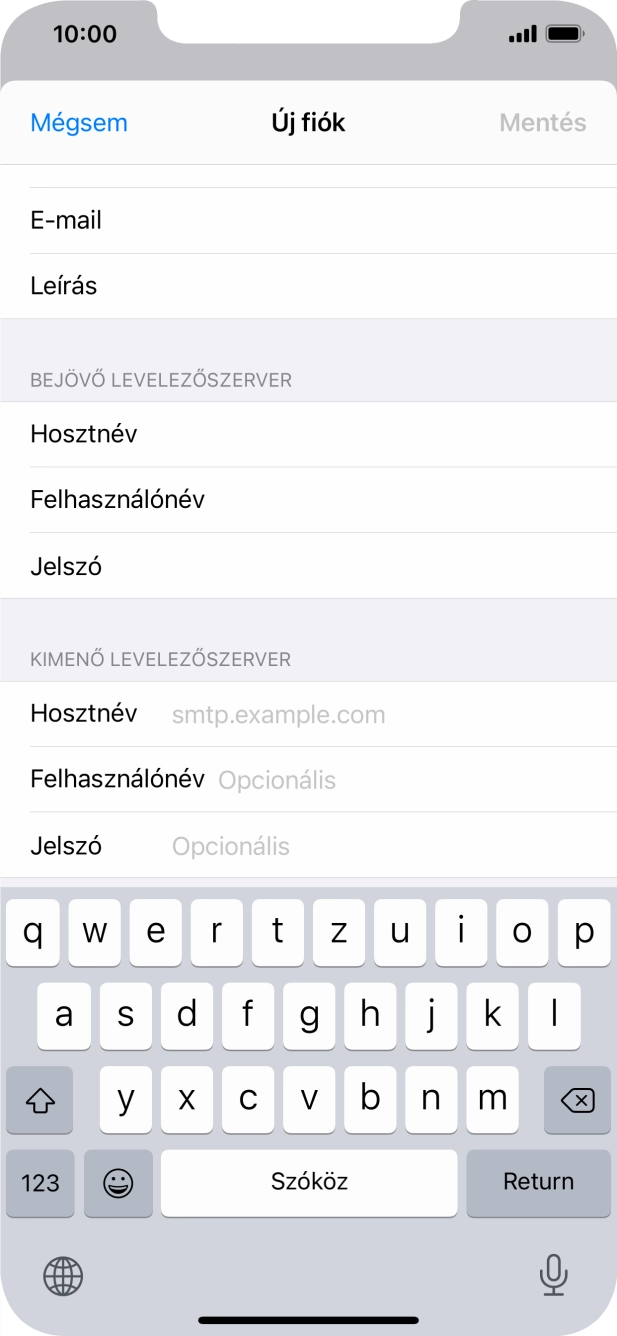 Kattints a Hosztnév mezőre, és írd be az e-mail szolgáltatód kimenő szerverének a nevét.