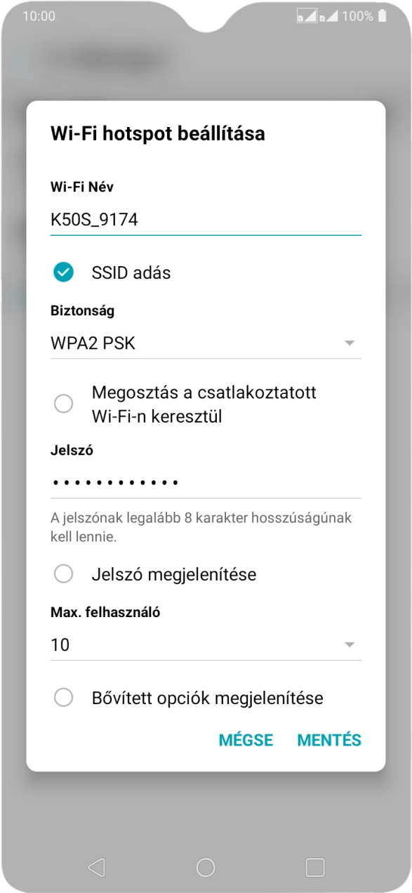 Kattints a „Wi-Fi név” alatti mezőre, és írd be a Wi-Fi hotspot kívánt nevét.