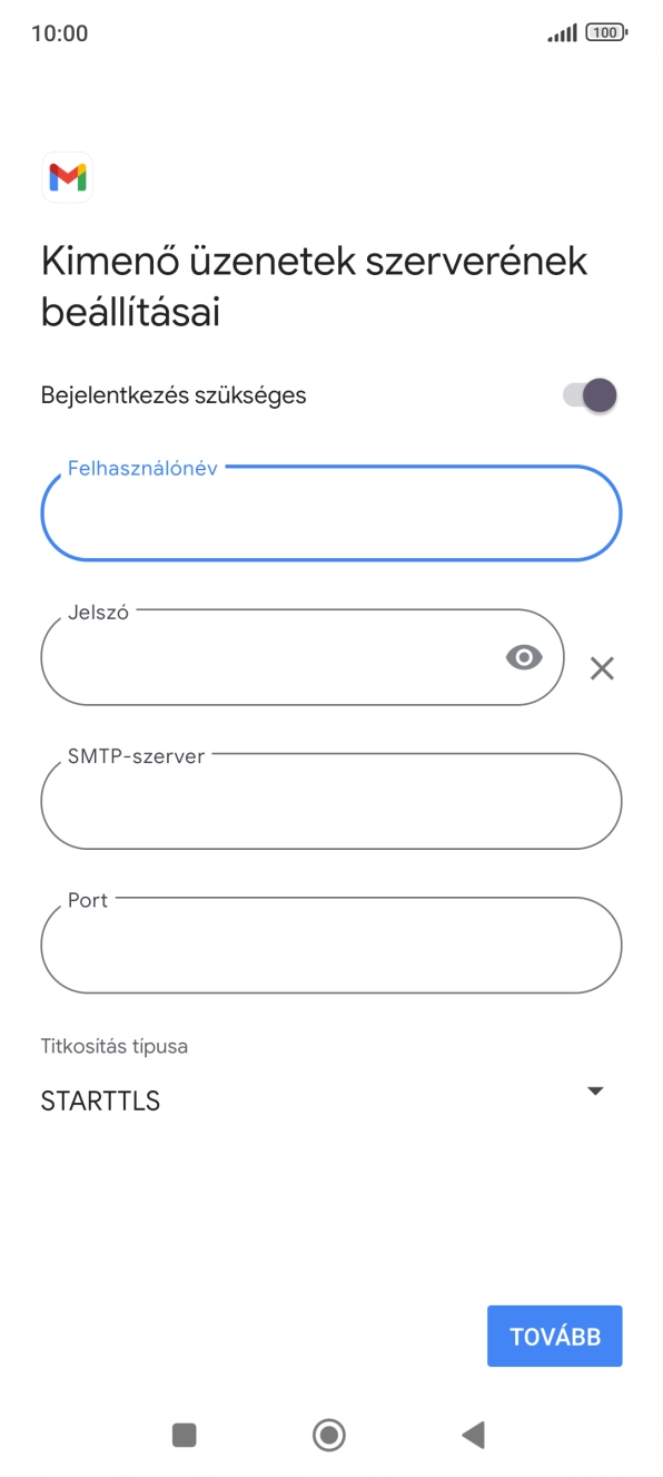 Kattints a „Jelszó” alatti mezőre, és írd be az e-mail szolgáltatód kimenő szerverének jelszavát.