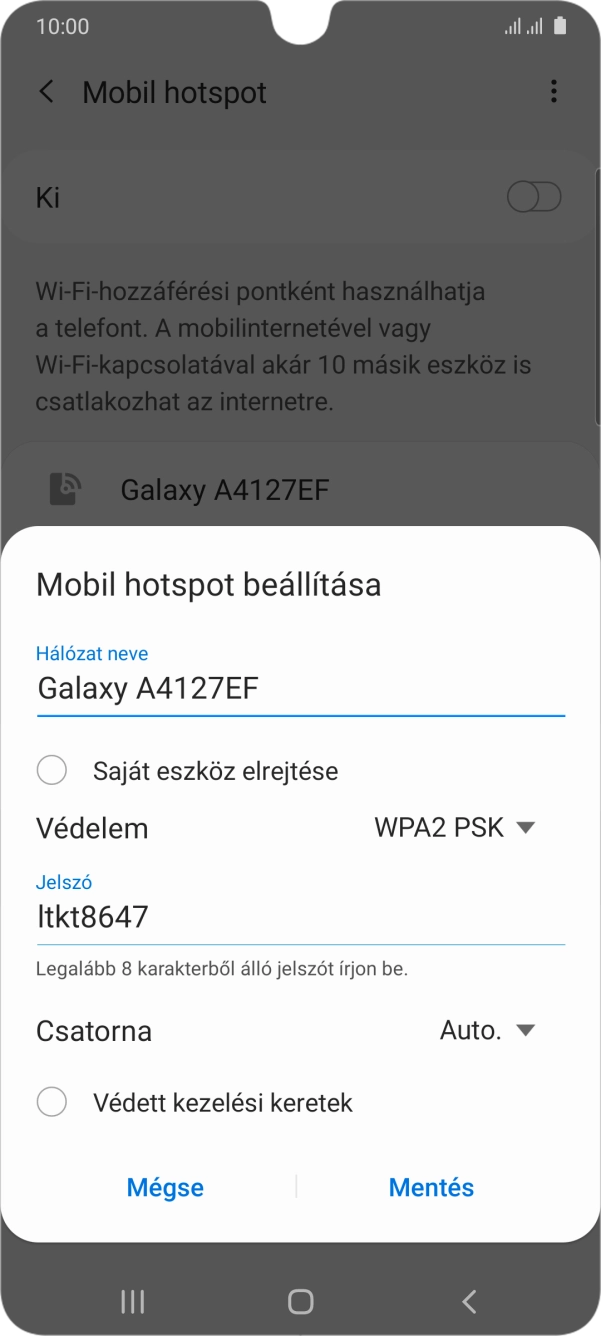 Kattints a „Hálózat neve” alatti mezőre, és írd be a Wi-Fi hotspot kívánt nevét. Kattints a „Hálózat neve” alatti mezőre, és írd be a Wi-Fi hotspot kívánt nevét.