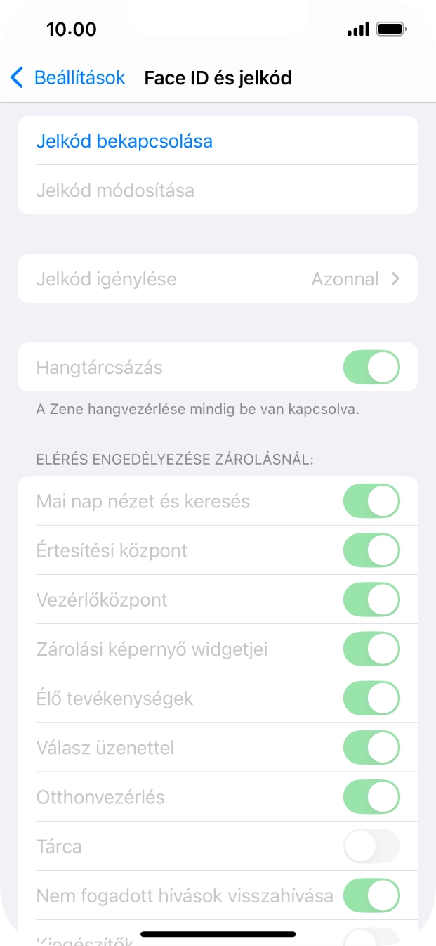 Válaszd a Jelkód bekapcsolása lehetőséget, és írj be kétszer egymás után egy tetszőleges képernyőzárkódot.