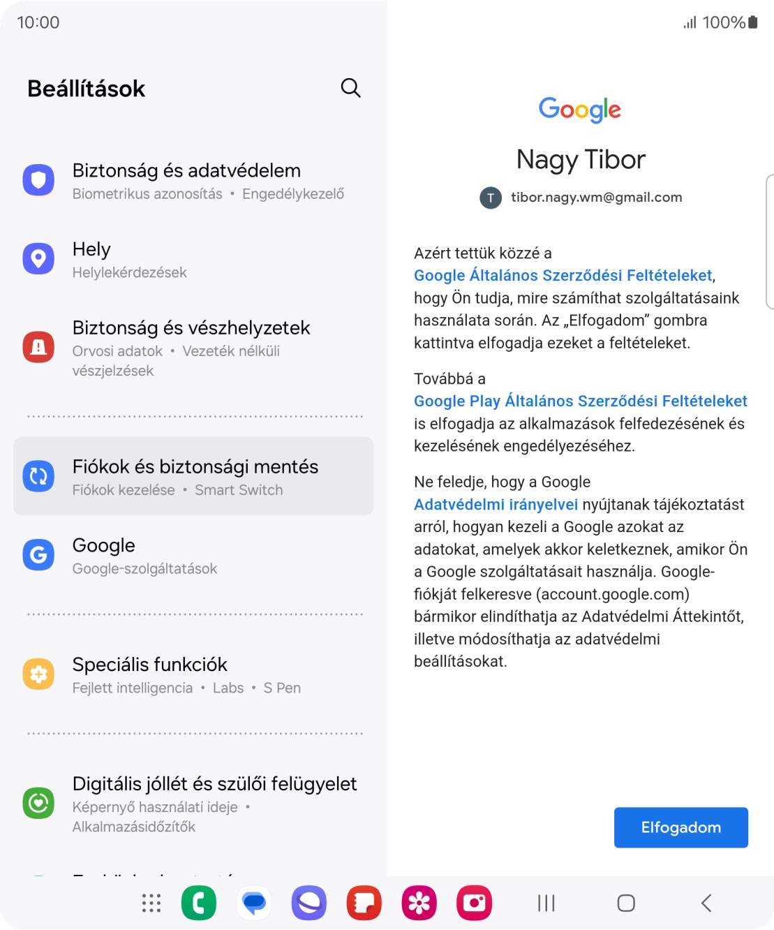 Válaszd az Elfogadom lehetőséget, és kövesd a képernyőn megjelenő utasításokat a Google-fiókod beállításainak kiválasztásához. Válaszd az Elfogadom lehetőséget, és kövesd a képernyőn megjelenő utasításokat a Google-fiókod beállításainak kiválasztásához.