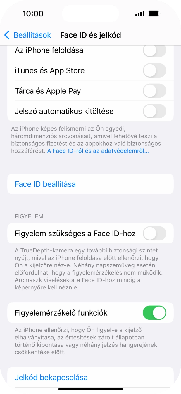 Válaszd a Jelkód bekapcsolása lehetőséget, és írj be kétszer egymás után egy tetszőleges képernyőzárkódot. Válaszd a Jelkód bekapcsolása lehetőséget, és írj be kétszer egymás után egy tetszőleges képernyőzárkódot.