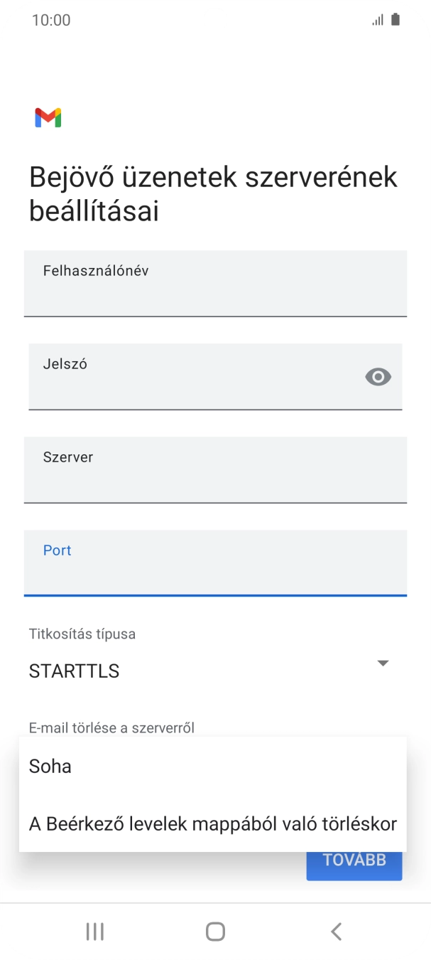 Válaszd a Soha lehetőséget ahhoz, hogy az e-mailek megtalálhatóak legyenek a szerveren, miután a telefonról törölted őket.