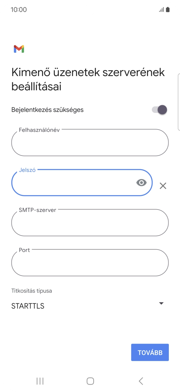 Kattints az „SMTP-szerver” alatti mezőre, és írd be az e-mail szolgáltatód kimenő szerverének a nevét.