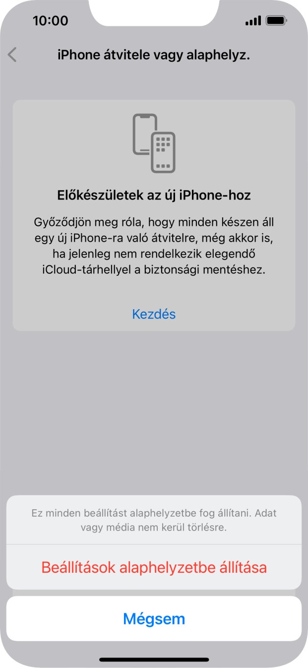 Válaszd a Beállítások alaphelyzetbe állítása lehetőséget. Várj egy kicsit, amíg a telefon visszaállítja a gyári beállításokat. A telefon konfigurálásához és ahhoz, hogy üzemkész állapotba hozd, kövesd a képernyőn megjelenő utasításokat.