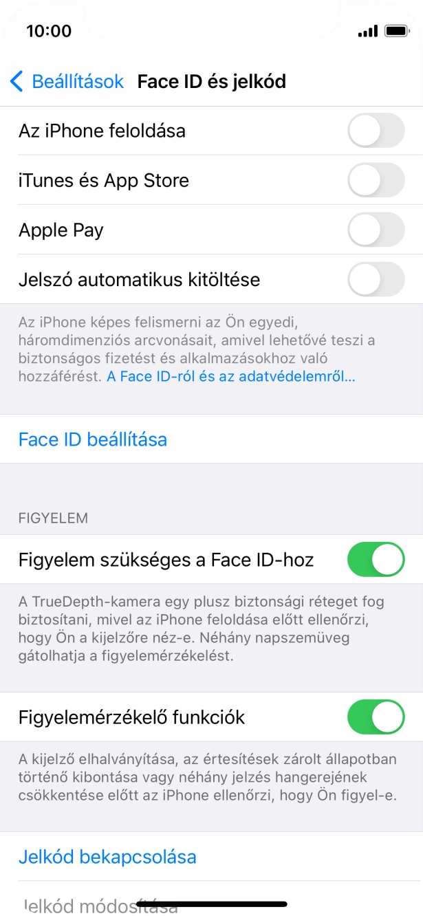 Válaszd a Jelkód bekapcsolása lehetőséget, és írj be kétszer egymás után egy tetszőleges képernyőzárkódot.