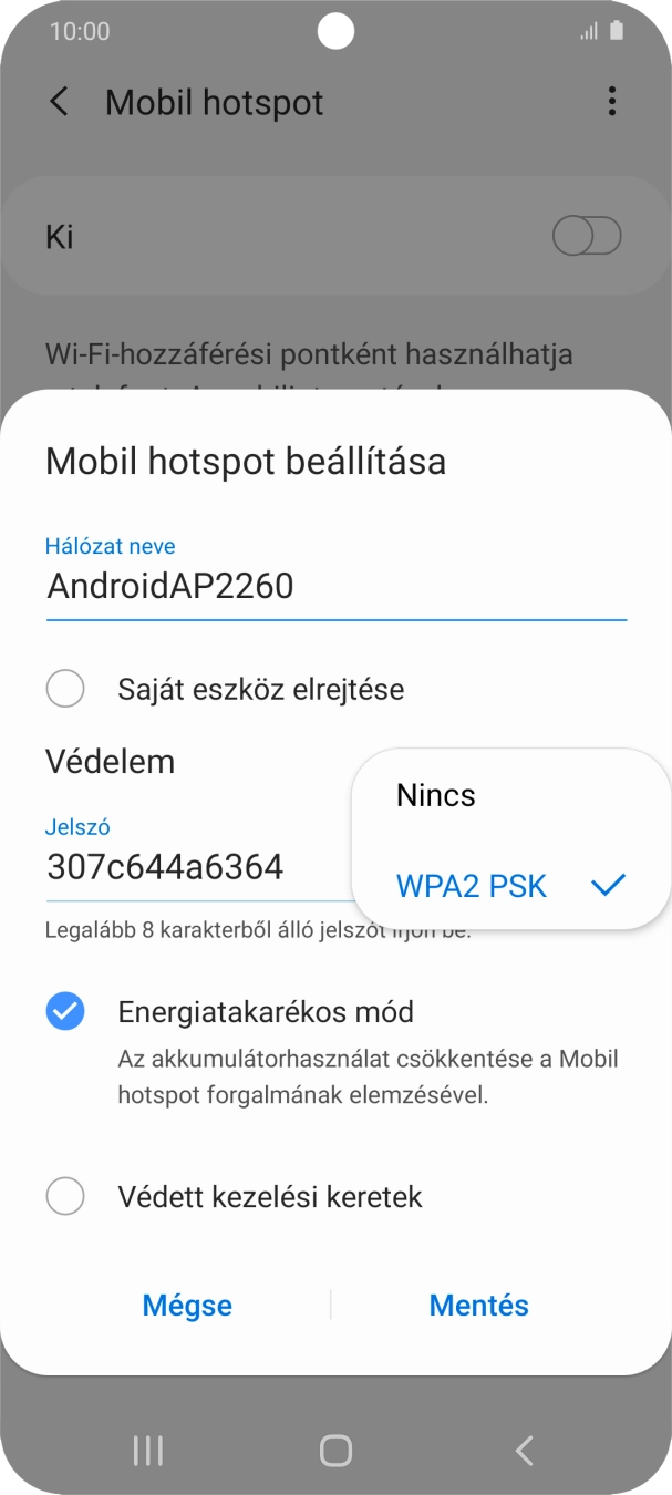 Válaszd a WPA2 PSK lehetőséget, ha jelszóval szeretnéd védeni a Wi-Fi hotspotodat.