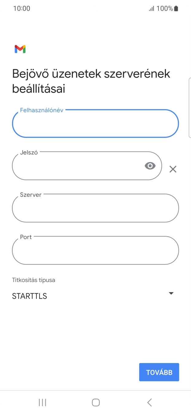 Kattints a „Szerver” alatti mezőre, és írd be az e-mail szolgáltatód bejövő szerverének a nevét.