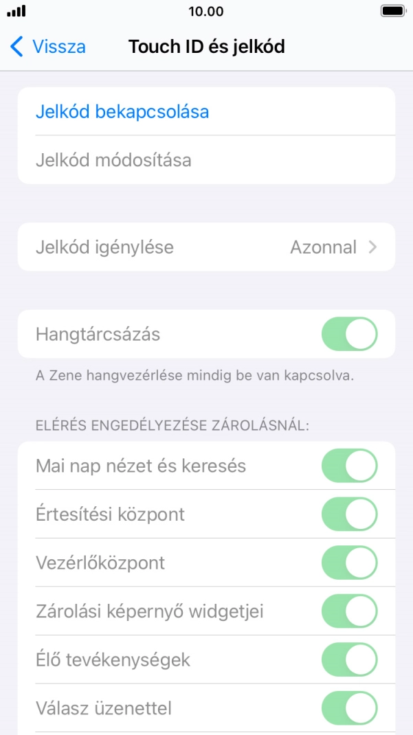 Válaszd a Jelkód bekapcsolása lehetőséget, és írj be kétszer egymás után egy tetszőleges képernyőzárkódot.