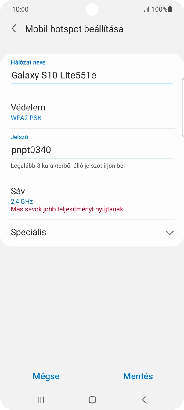 Kattints a „Hálózat neve” alatti mezőre, és írd be a Wi-Fi hotspot kívánt nevét.