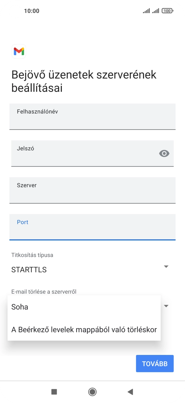 Válaszd a Soha lehetőséget ahhoz, hogy az e-mailek megtalálhatóak legyenek a szerveren, miután a telefonról törölted őket.