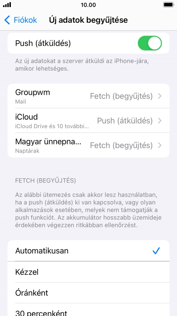 Kattints a „Push (átküldés)” melletti csúszkára a funkció be- vagy kikapcsolásához.