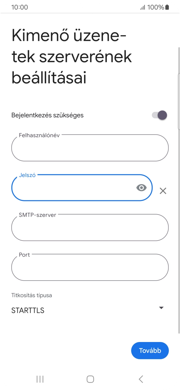 Kattints az „SMTP-szerver” alatti mezőre, és írd be az e-mail szolgáltatód kimenő szerverének a nevét.