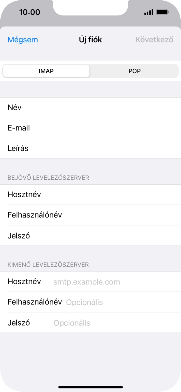Kattints a Hosztnév mezőre, és írd be az e-mail szolgáltatód kimenő szerverének a nevét.