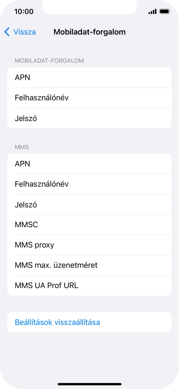 Válaszd az APN lehetőséget. Amennyiben előfizetésed van, írd be azt, hogy mms.