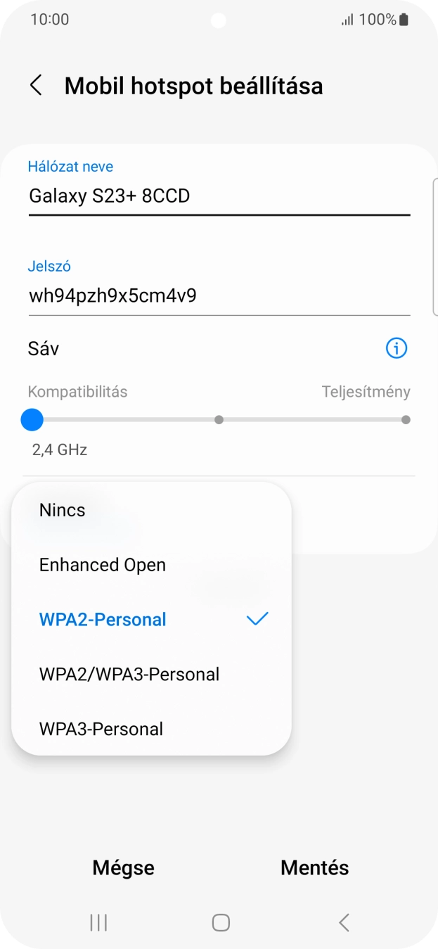 Válaszd a WPA3-Personal lehetőséget, ha jelszóval szeretnéd védeni a Wi-Fi hotspotodat. Válaszd a WPA3-Personal lehetőséget, ha jelszóval szeretnéd védeni a Wi-Fi hotspotodat.