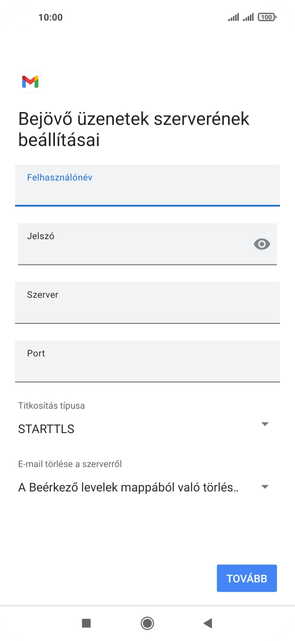 Kattints a „Szerver” alatti mezőre, és írd be az e-mail szolgáltatód bejövő szerverének a nevét.