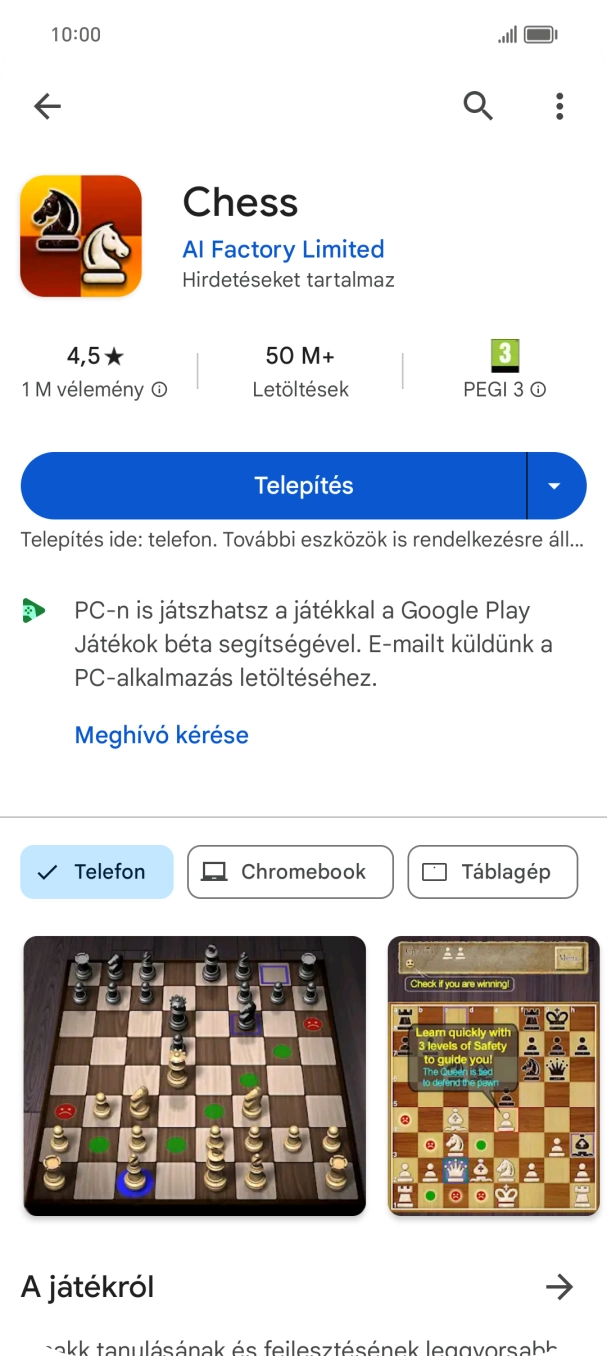 Válaszd a Telepítés lehetőséget, és kövesd a képernyőn megjelenő utasításokat az alkalmazás telepítéséhez. Válaszd a Telepítés lehetőséget, és kövesd a képernyőn megjelenő utasításokat az alkalmazás telepítéséhez.