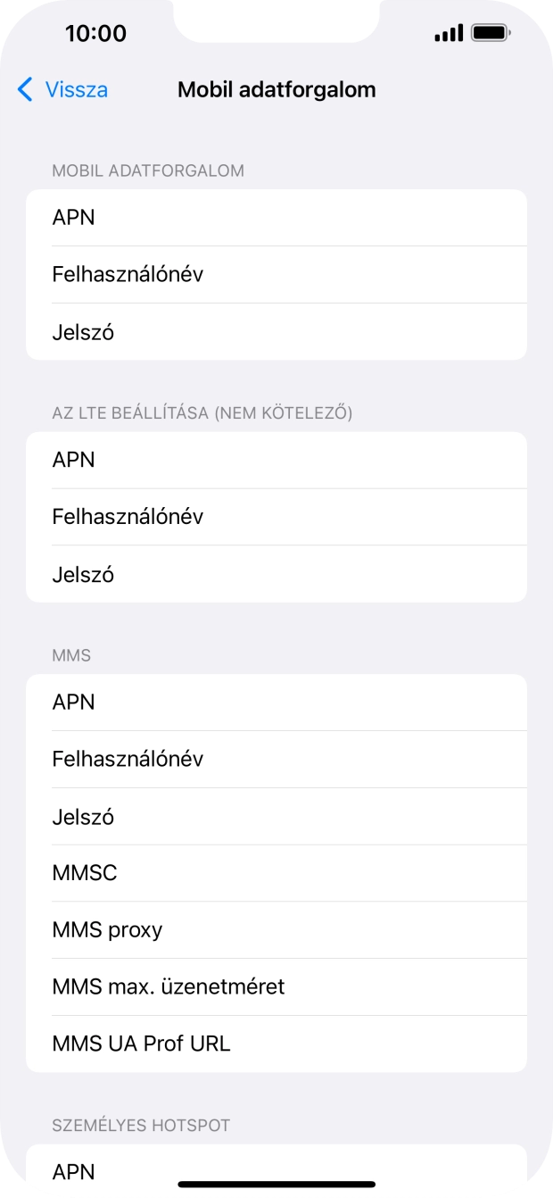 Válaszd az APN lehetőséget. Amennyiben előfizetésed van, írd be azt, hogy mms.