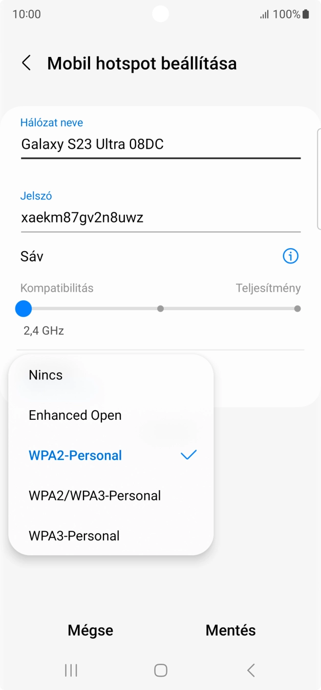 Válaszd a WPA3-Personal lehetőséget, ha jelszóval szeretnéd védeni a Wi-Fi hotspotodat.