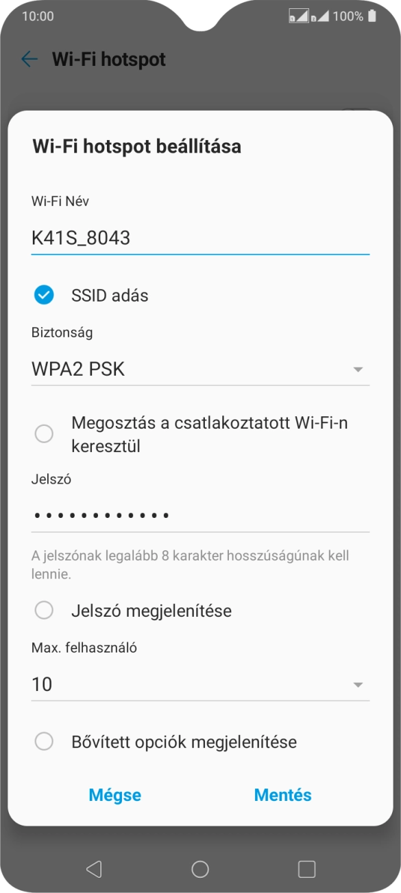 Kattints a „Wi-Fi Név” alatti mezőre, és írd be a Wi-Fi hotspot kívánt nevét.