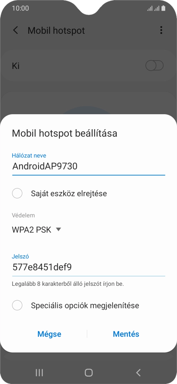 Kattints a „Hálózat neve” alatti mezőre, és írd be a Wi-Fi hotspot kívánt nevét.