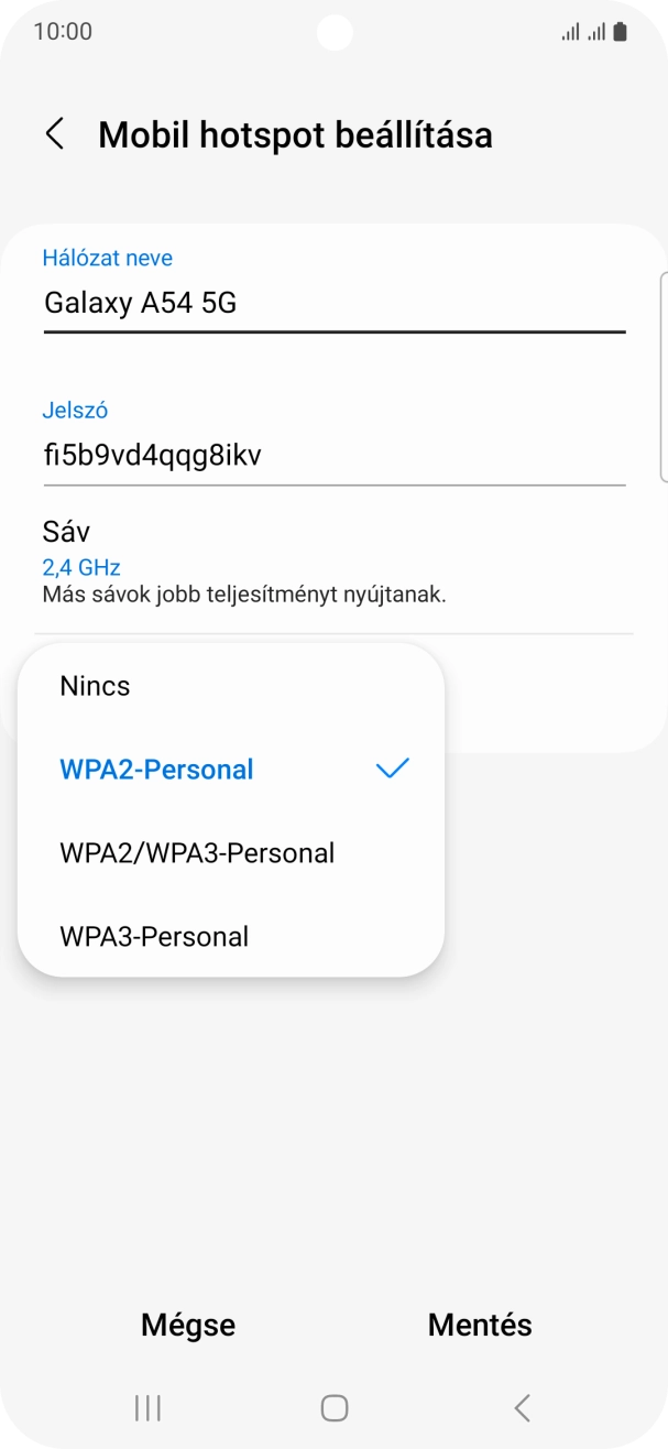 Válaszd a WPA3-Personal lehetőséget, ha jelszóval szeretnéd védeni a Wi-Fi hotspotodat. Válaszd a WPA3-Personal lehetőséget, ha jelszóval szeretnéd védeni a Wi-Fi hotspotodat.
