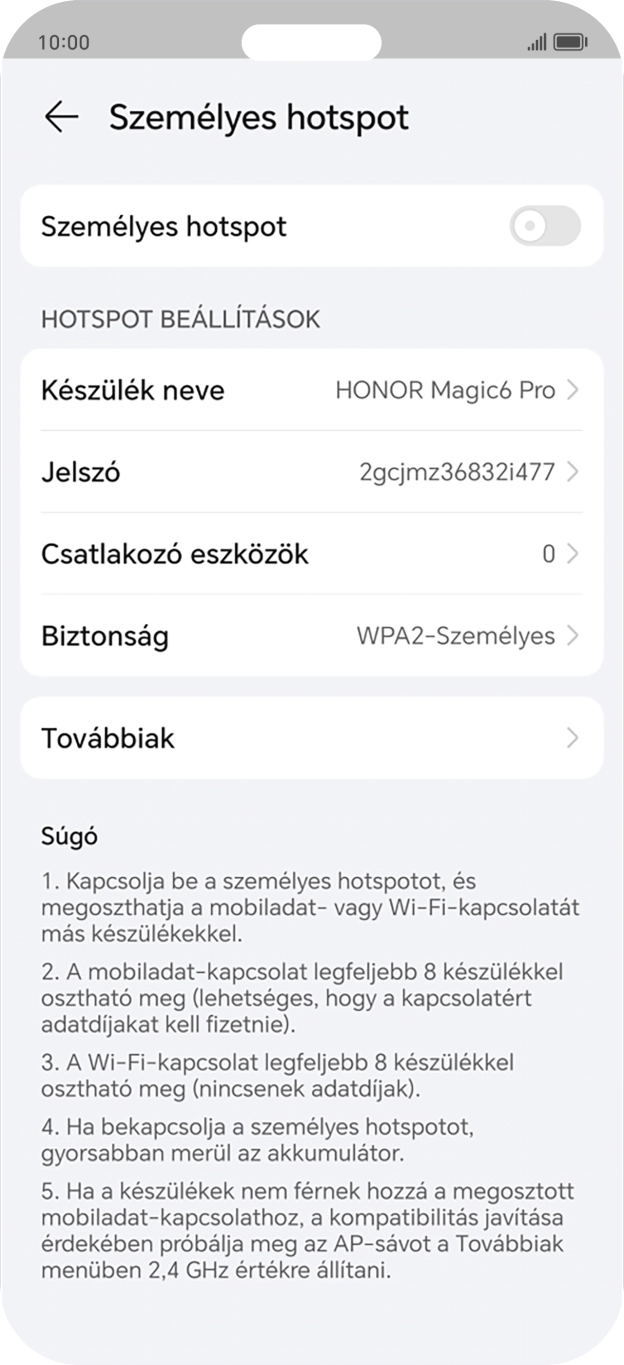Válaszd a Készülék neve lehetőséget, és írd be a Wi-Fi-hotspot kívánt nevét. Válaszd a Készülék neve lehetőséget, és írd be a Wi-Fi-hotspot kívánt nevét.