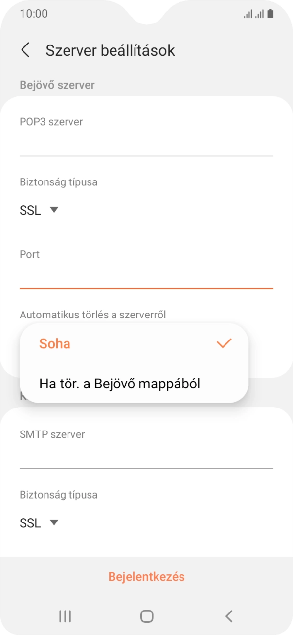 Válaszd a Soha lehetőséget ahhoz, hogy az e-mailek megtalálhatóak legyenek a szerveren, miután a telefonról törölted őket.