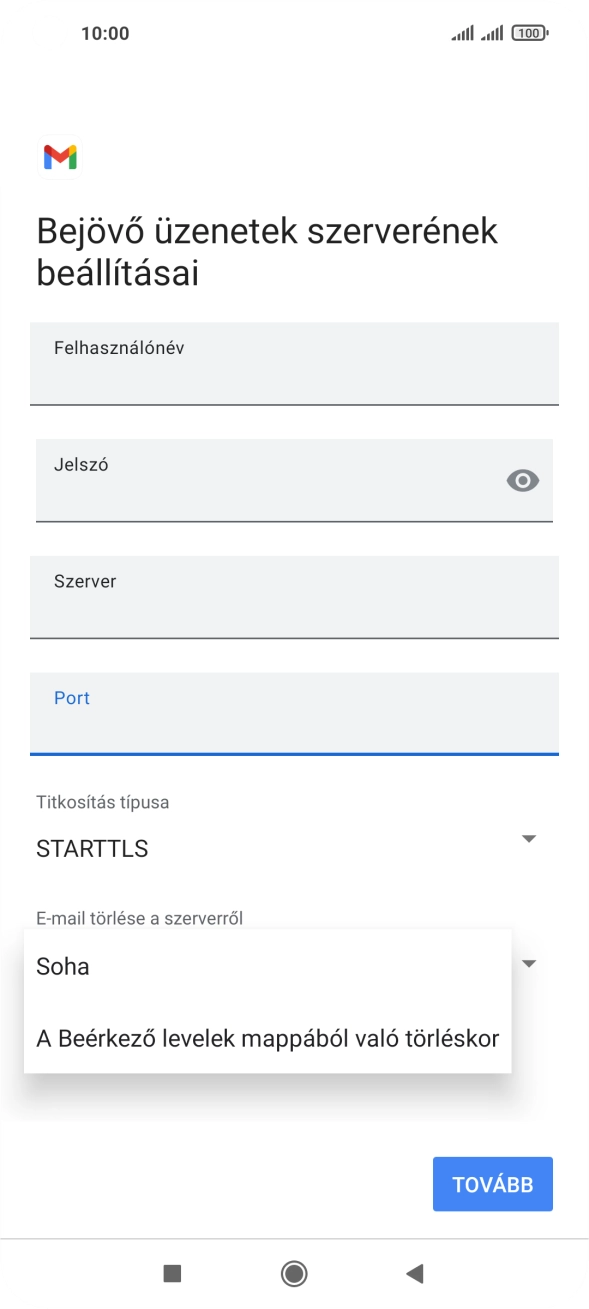 Válaszd a Soha lehetőséget ahhoz, hogy az e-mailek megtalálhatóak legyenek a szerveren, miután a telefonról törölted őket.