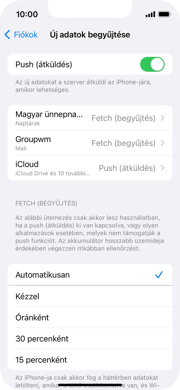 Kattints a „Push (átküldés)” melletti csúszkára a funkció be- vagy kikapcsolásához.
