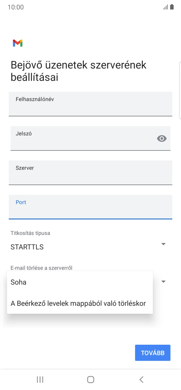 Válaszd a Soha lehetőséget ahhoz, hogy az e-mailek megtalálhatóak legyenek a szerveren, miután a telefonról törölted őket.