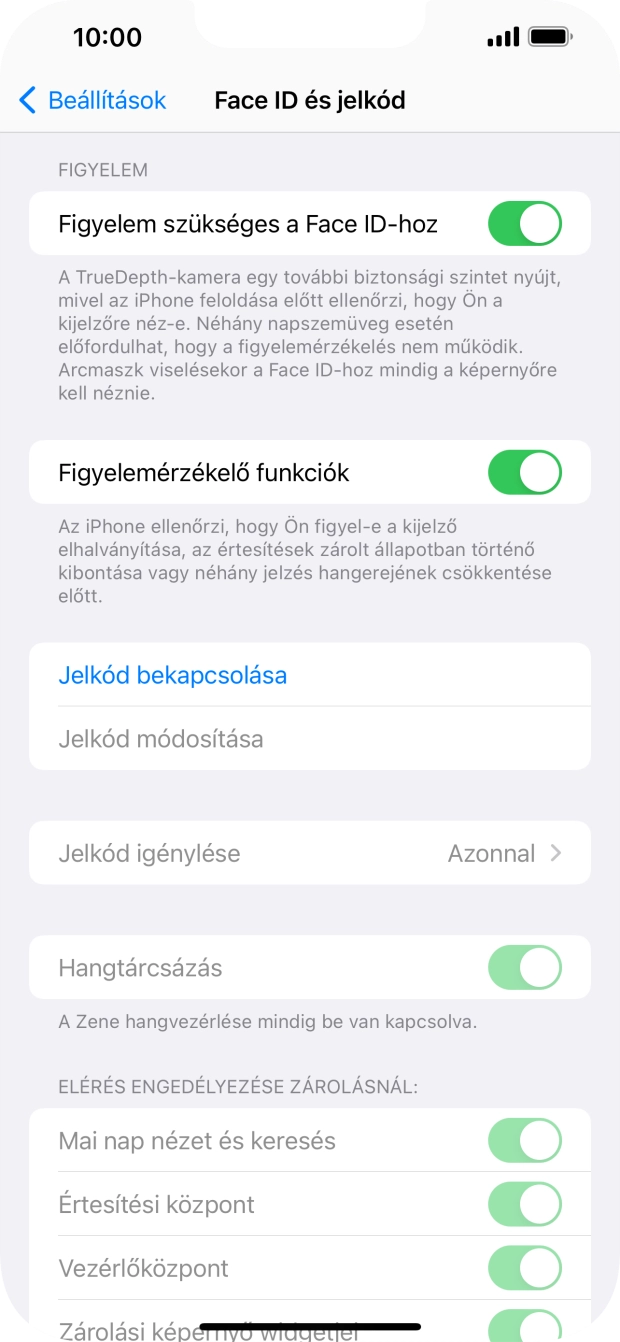 Válaszd a Jelkód bekapcsolása lehetőséget, és írj be kétszer egymás után egy tetszőleges képernyőzárkódot.