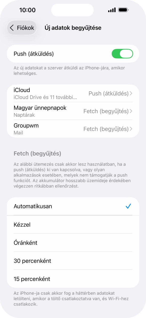 Kattints a „Push (átküldés)” melletti csúszkára a funkció be- vagy kikapcsolásához.