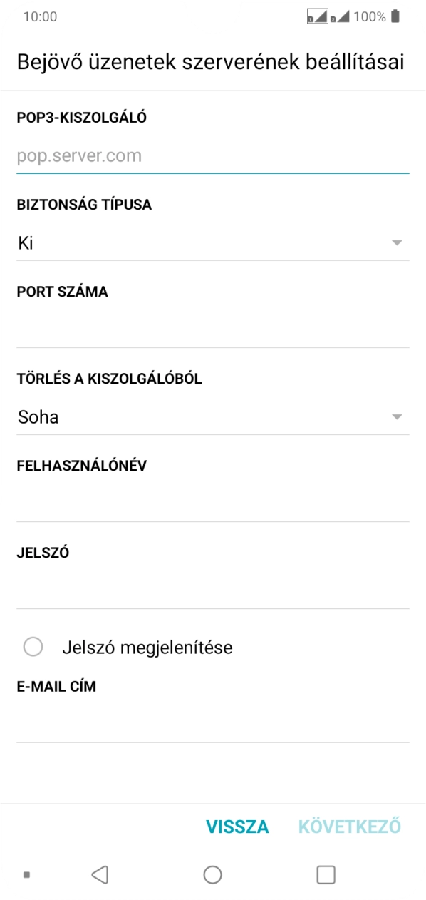 Kattints a „POP3-KISZOLGÁLÓ” alatti mezőre, és írd be az e-mail szolgáltatód bejövő szerverének a nevét.