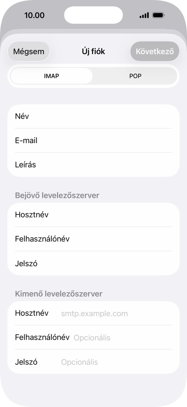 Kattints a Hosztnév mezőre, és írd be az e-mail szolgáltatód kimenő szerverének a nevét.