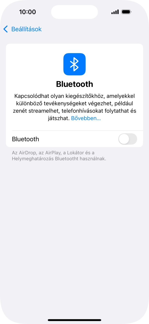 Kattints a „Bluetooth” melletti csúszkára a funkció bekapcsolásához. Kattints a „Bluetooth” melletti csúszkára a funkció bekapcsolásához.