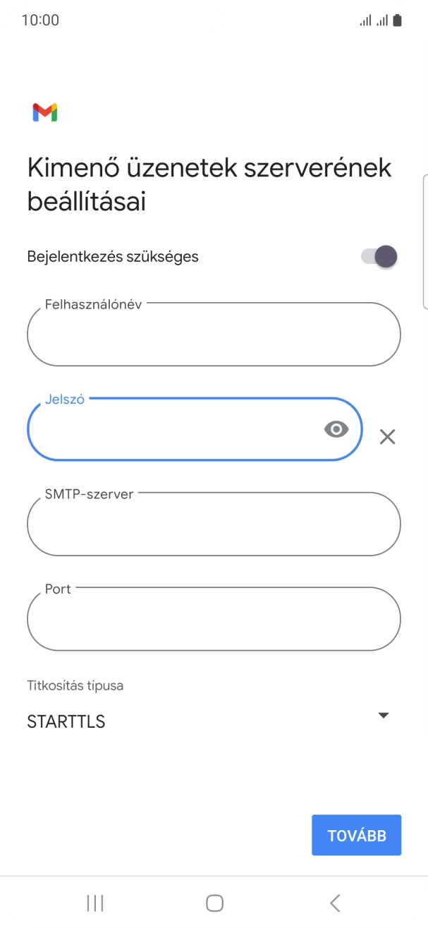 Kattints az „SMTP-szerver” alatti mezőre, és írd be az e-mail szolgáltatód kimenő szerverének a nevét.