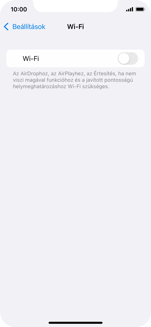Kattints a „Wi-Fi” melletti csúszkára a funkció bekapcsolásához. Kattints a „Wi-Fi” melletti csúszkára a funkció bekapcsolásához.