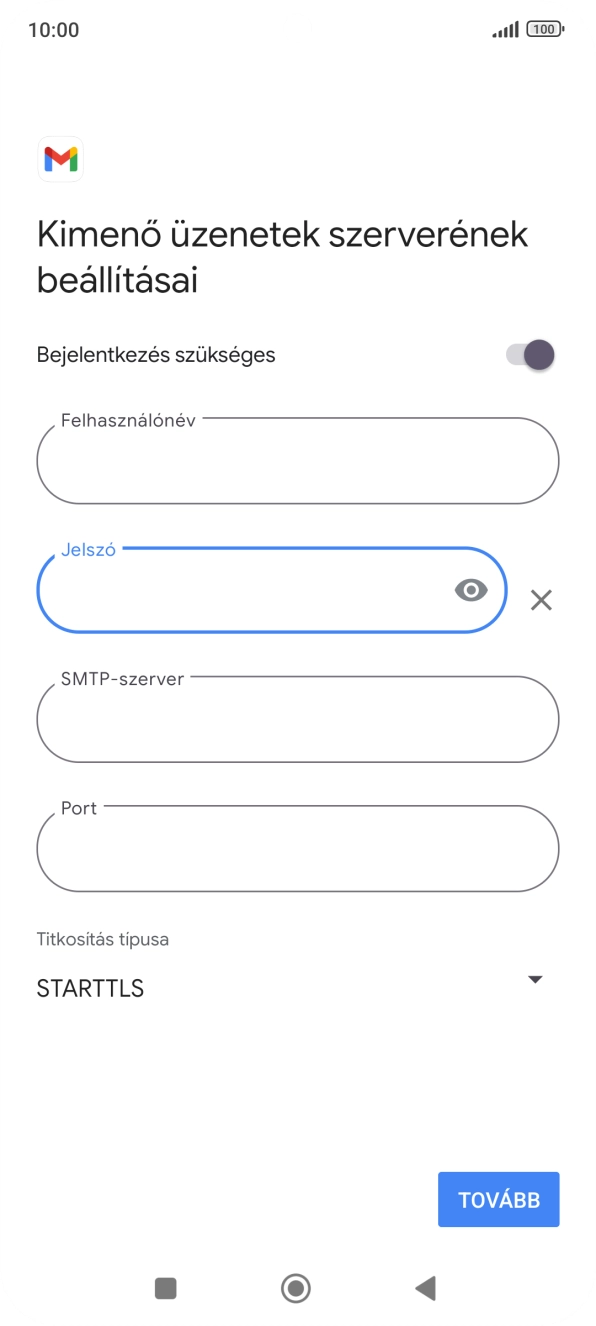 Kattints az „SMTP-szerver” alatti mezőre, és írd be az e-mail szolgáltatód kimenő szerverének a nevét.