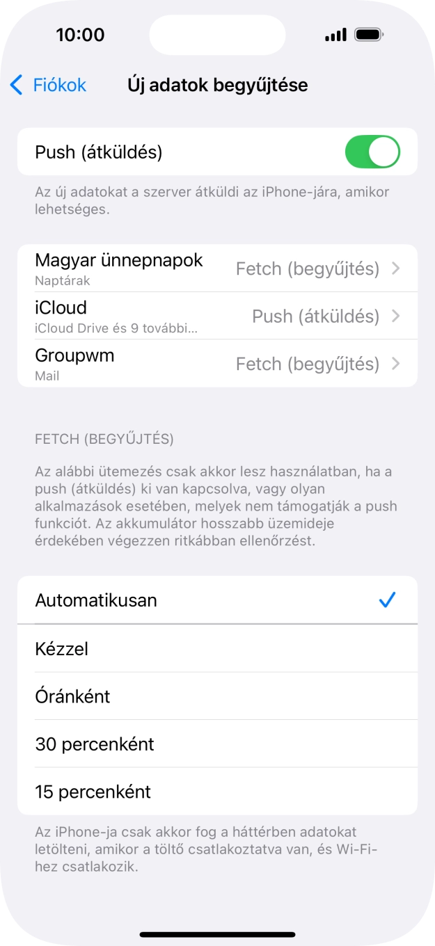 Kattints a „Push (átküldés)” melletti csúszkára a funkció be- vagy kikapcsolásához.