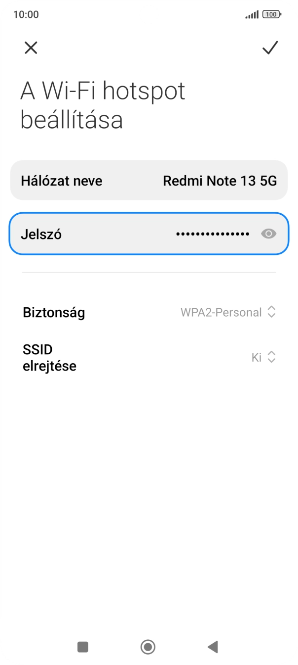 Válaszd a Hálózat neve lehetőséget, és írd be a Wi-Fi-hotspot kívánt nevét. Válaszd a Hálózat neve lehetőséget, és írd be a Wi-Fi-hotspot kívánt nevét.