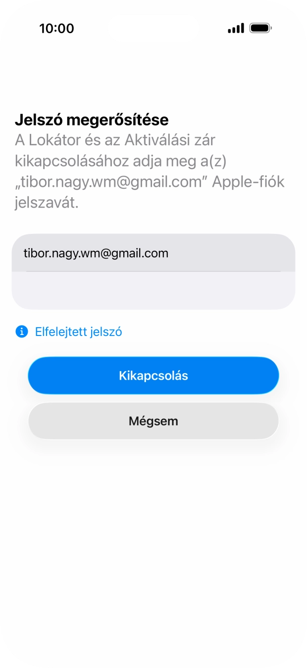 Írd be az Apple-fiókodhoz tartózó jelszót, és válaszd a Kikapcsolás lehetőséget. Várj egy kicsit, amíg a telefon visszaállítja a gyári beállításokat. A telefon konfigurálásához és ahhoz, hogy üzemkész állapotba hozd, kövesd a képernyőn megjelenő utasításokat.
