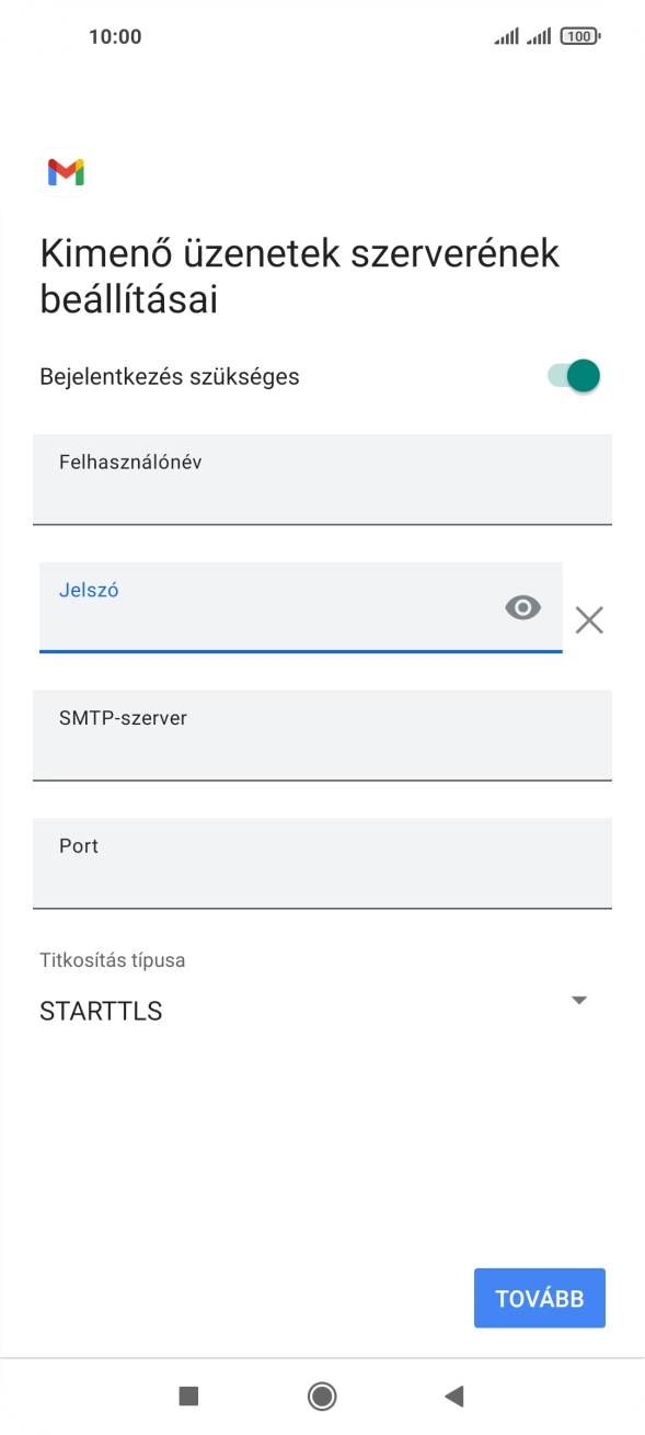 Kattints az „SMTP-szerver” alatti mezőre, és írd be az e-mail szolgáltatód kimenő szerverének a nevét.