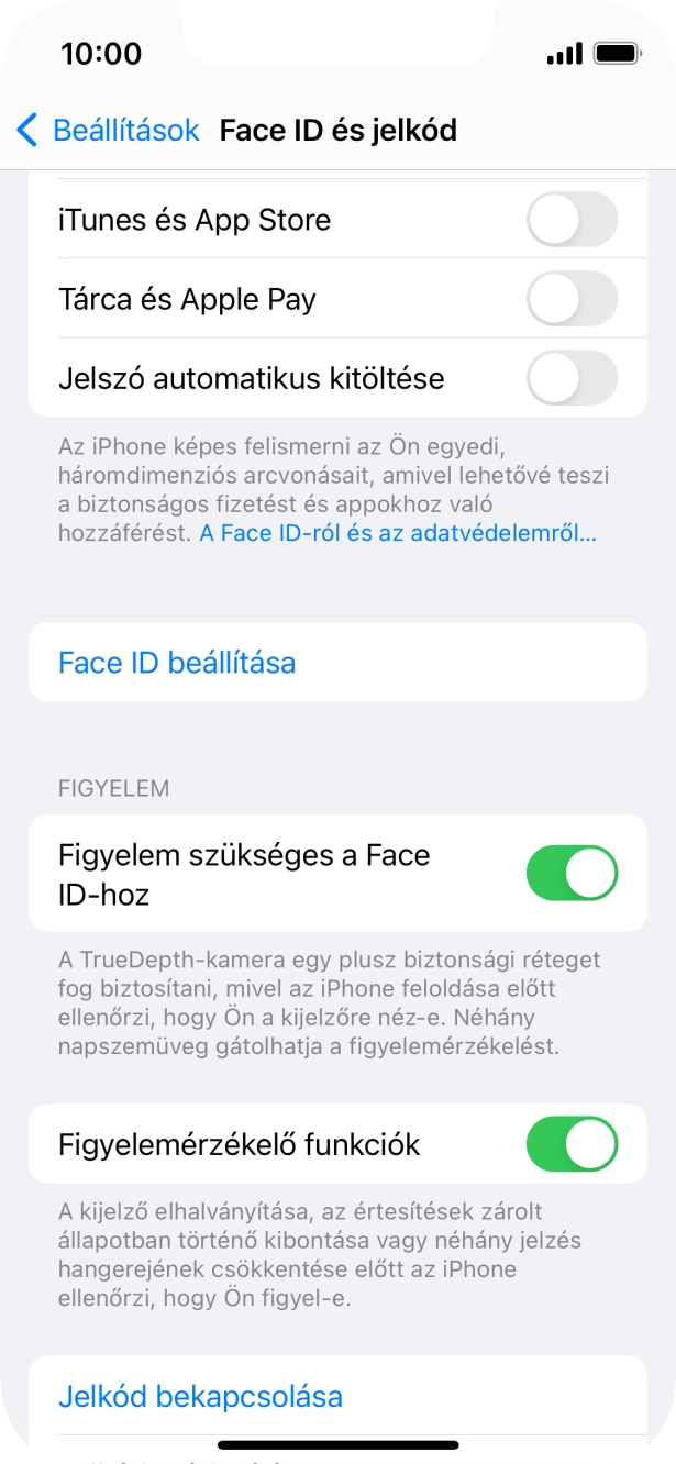Válaszd a Jelkód bekapcsolása lehetőséget, és írj be kétszer egymás után egy tetszőleges képernyőzárkódot.