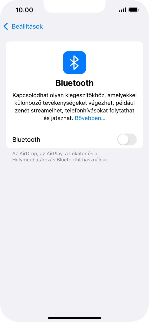 Kattints a „Bluetooth” melletti csúszkára a funkció bekapcsolásához. Kattints a „Bluetooth” melletti csúszkára a funkció bekapcsolásához.