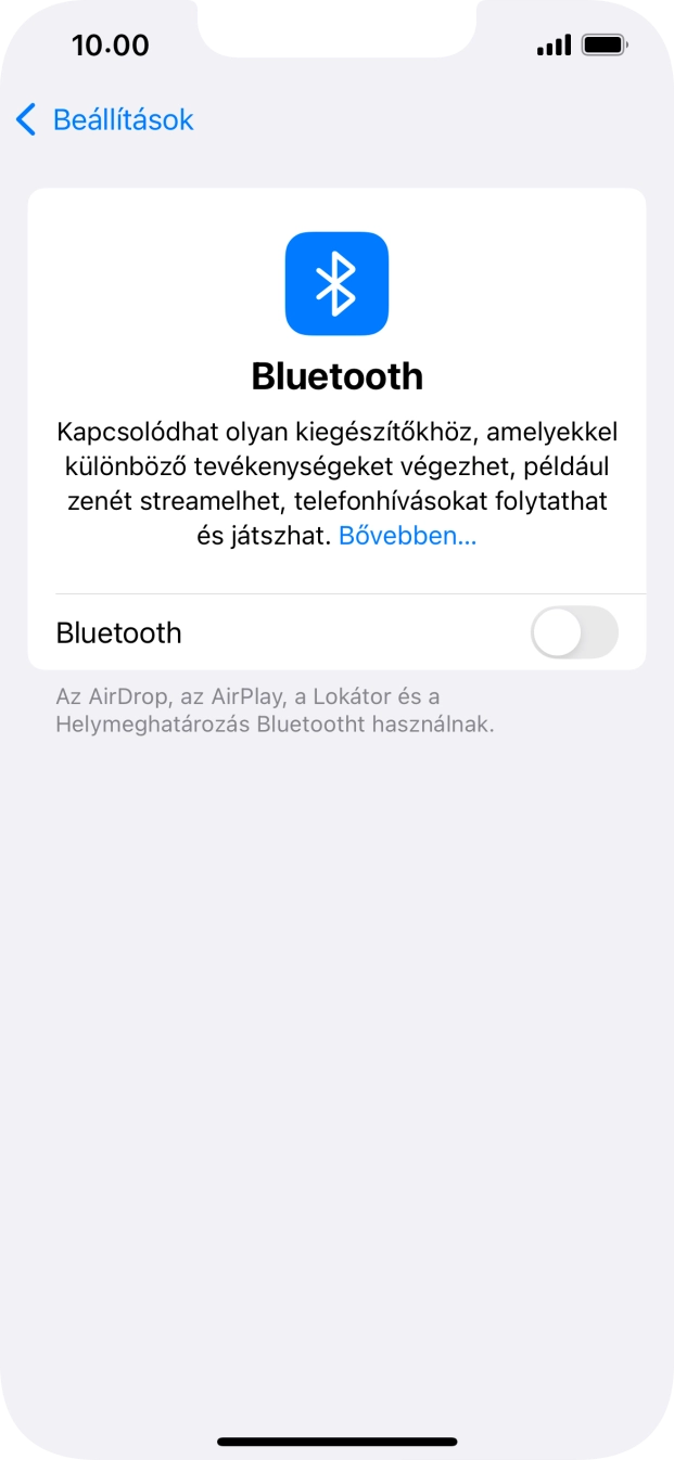 Kattints a „Bluetooth” melletti csúszkára a funkció bekapcsolásához. Kattints a „Bluetooth” melletti csúszkára a funkció bekapcsolásához.
