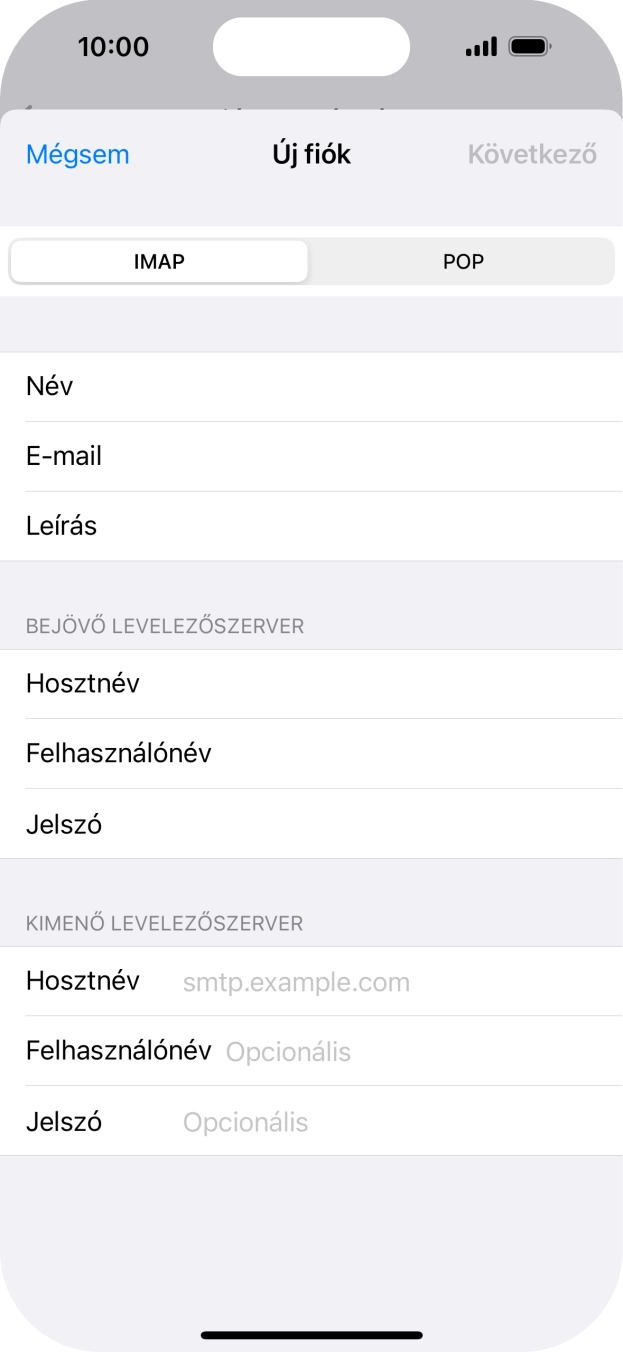 Kattints a Hosztnév mezőre, és írd be az e-mail szolgáltatód kimenő szerverének a nevét.