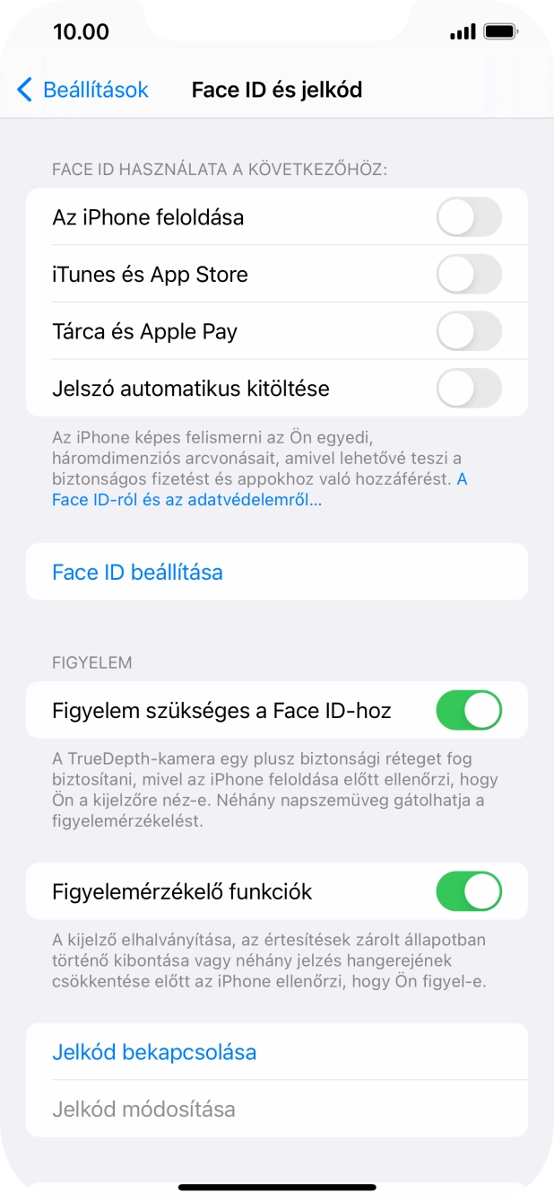 Válaszd a Jelkód bekapcsolása lehetőséget, és írj be kétszer egymás után egy tetszőleges képernyőzárkódot.